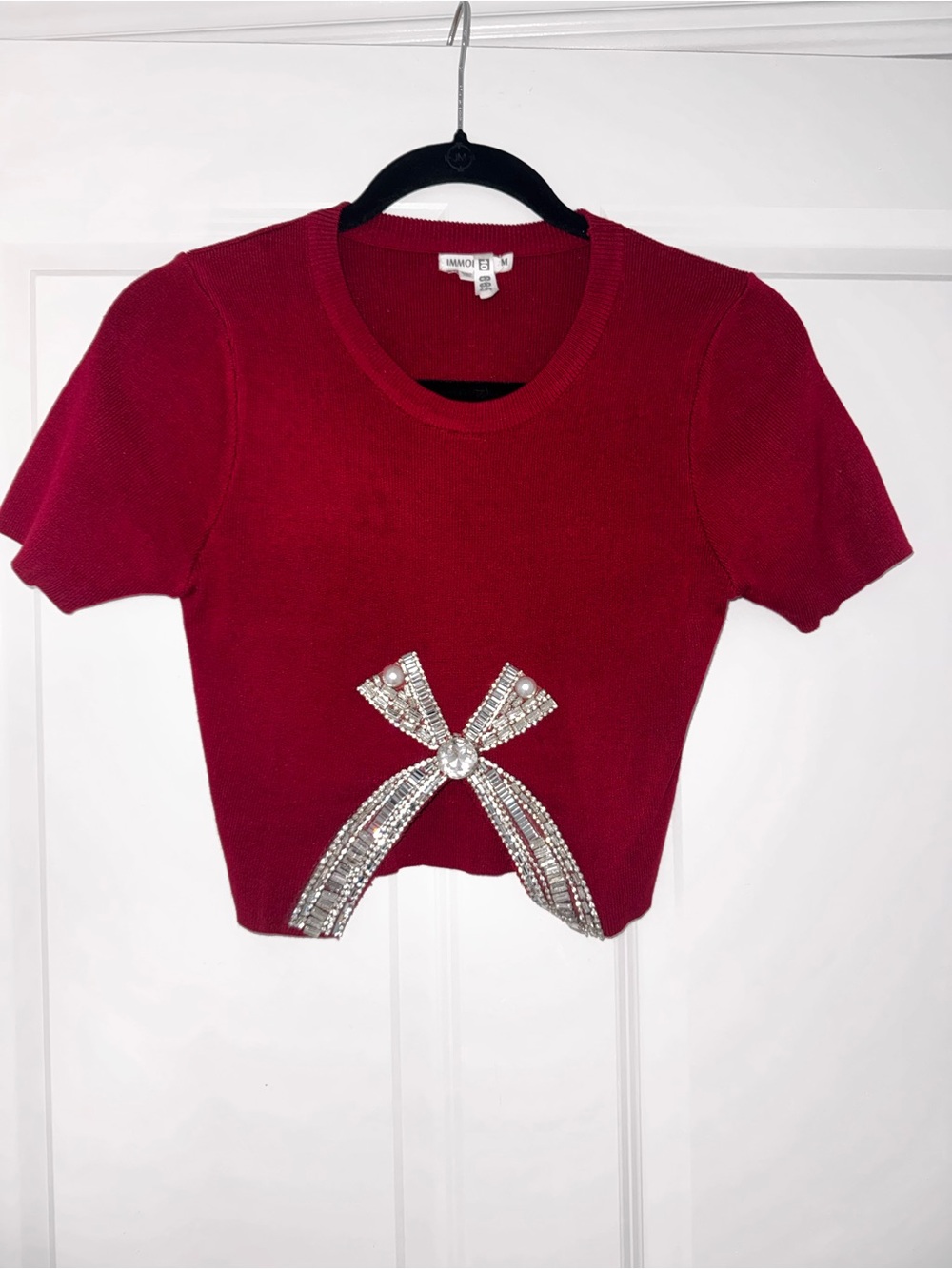 Immodel Embellished Bow Burgundy Knit Crop Top medium